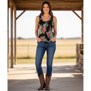 Y2K Almost Famous Shear Floral Tank Shirt Women Large Black Pink Sleeveless Boho